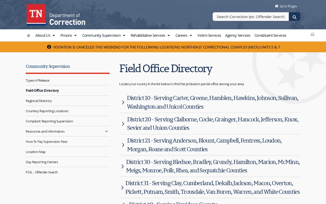 Marshall County parole and probation District 50 office directory